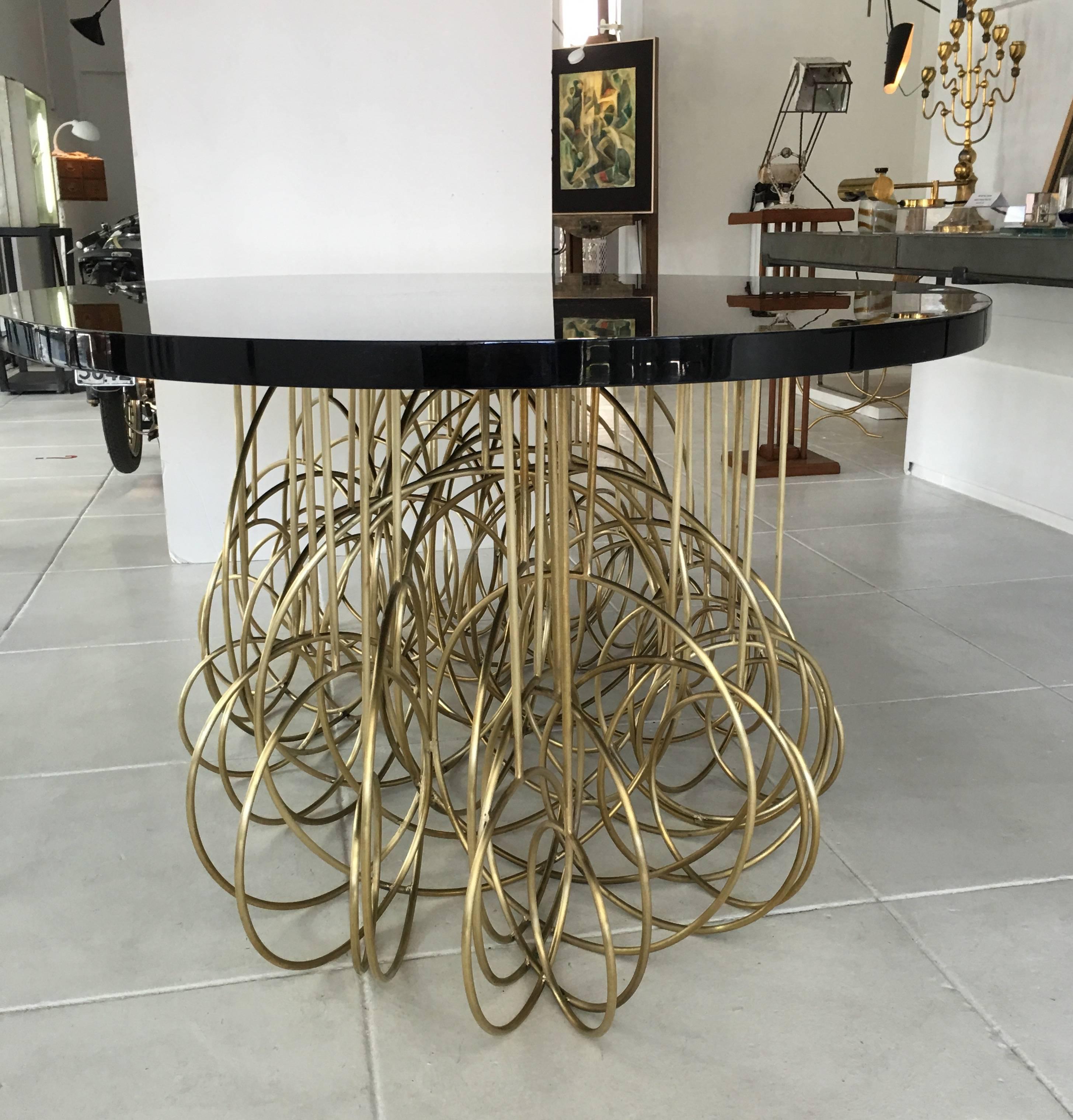 Mid-Century Modern Brass and Black Lacquered Top French Table