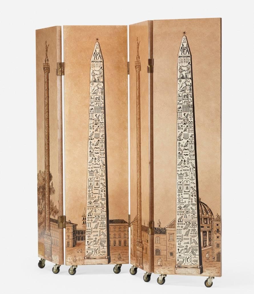 Beautiful Obelischi folding screen by Piero Fornasetti, Italy, 1950s. Fornasetti Milano lithographic transfer-print on lacquered wood, brass. Signed with decal manufacturer's label to reverse {Fornasetti Milano Made in Italy]. Dated to lower edge: