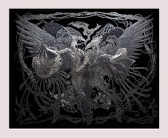 " Vol vers l'éternité" Tapisserie brodée en fils d'argent, réalisée à la main.
