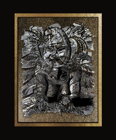 Décoration murale Broderie de soie fine et de fils métalliques dans un cadre en Wood Wood noir