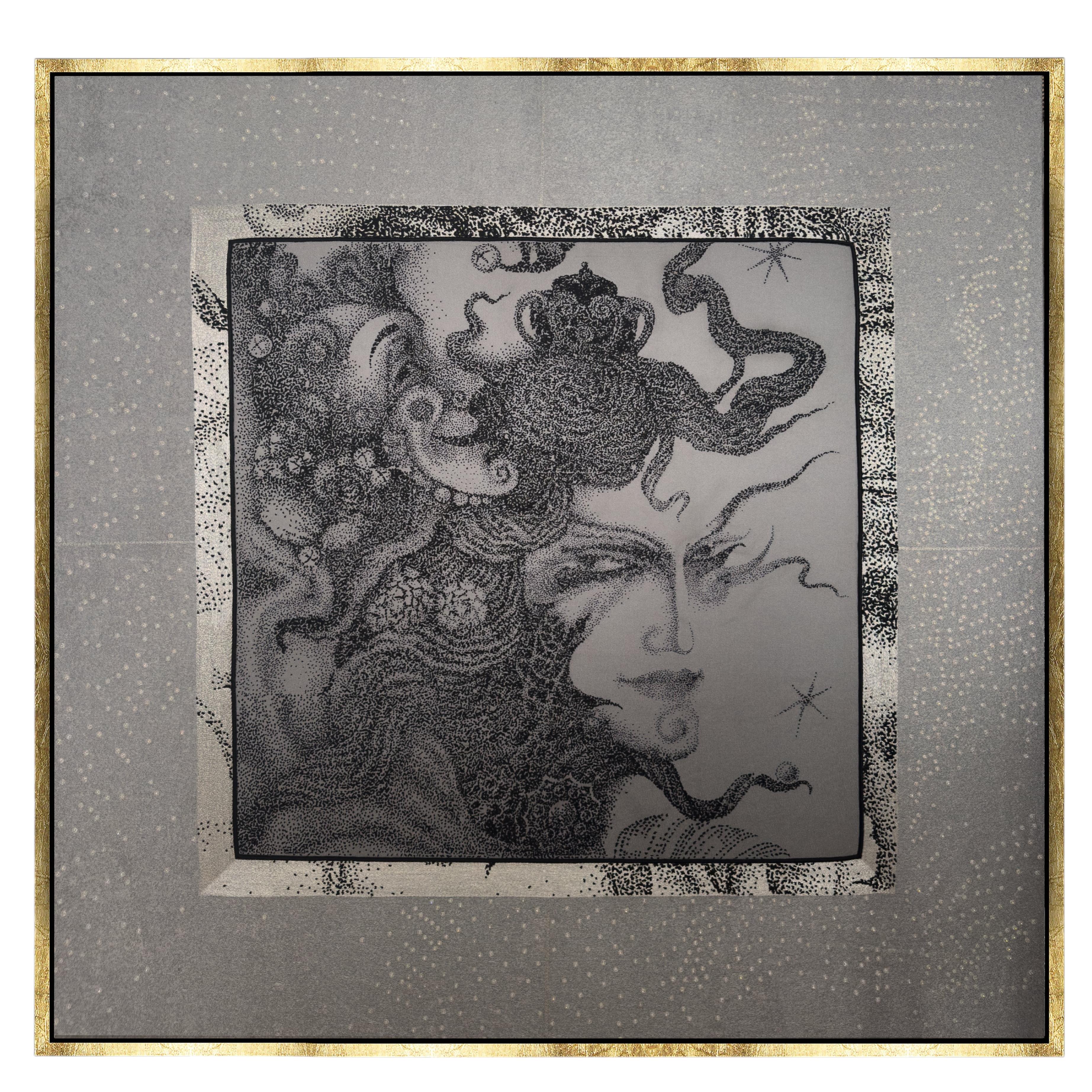 Matrix, Hand-Embroidered Silk, Silver Metallic Tapestry, Swarovski Crystals