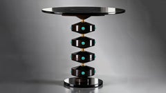 "Totem" Luxury Art Deco Ebony Veneer Side Table with Inlaid Turquoise & 24K Gold
