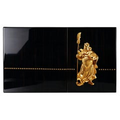 "Guan Yu" Art Deco Chinoiserie Lacquered Ebony Floating Credenza Cabinet