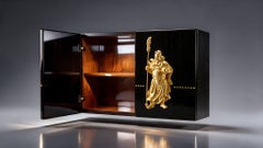 "Guan Yu" Art Deco Chinoiserie Lacquered Ebony Floating Credenza Cabinet