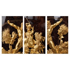 Museum-Level Gold Leaf Wood Bas-Relief Wall Triptych on Lacquered Burl Walnut