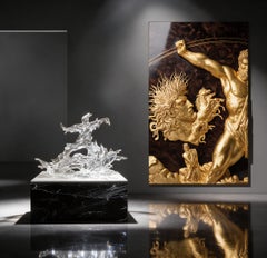 Feb-Apollo Museum Masterpiece Art Deco 24K Gold Leaf Wood Relief on Burl Walnut