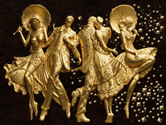 Gran bajorrelieve Art Déco con pan de oro de 24 quilates sobre un panel artístico de madera de nogal lacada