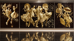 Set monumentale da parete in stile Art Déco con bassorilievo a trittico in foglia d'oro 24 carati e legni esotici