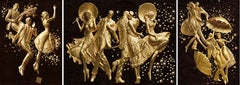Set monumentale da parete in stile Art Déco con bassorilievo a trittico in foglia d'oro 24 carati e legni esotici