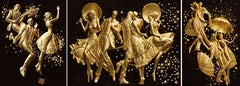 Monumental Art Deco 24K Gold Leaf & Exotic Wood Bas-Relief Triptych Wall Art Set