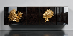 Buffet suspendu Art déco en noyer noir avec bas-relief d'Apollon et de Diane en or 24 carats