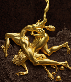 Maximalistisches Art-déco-Basrelief mit 24-Karat-Blattgold, aus massivem Nussbaumholz und glänzendem Wurzelholz
