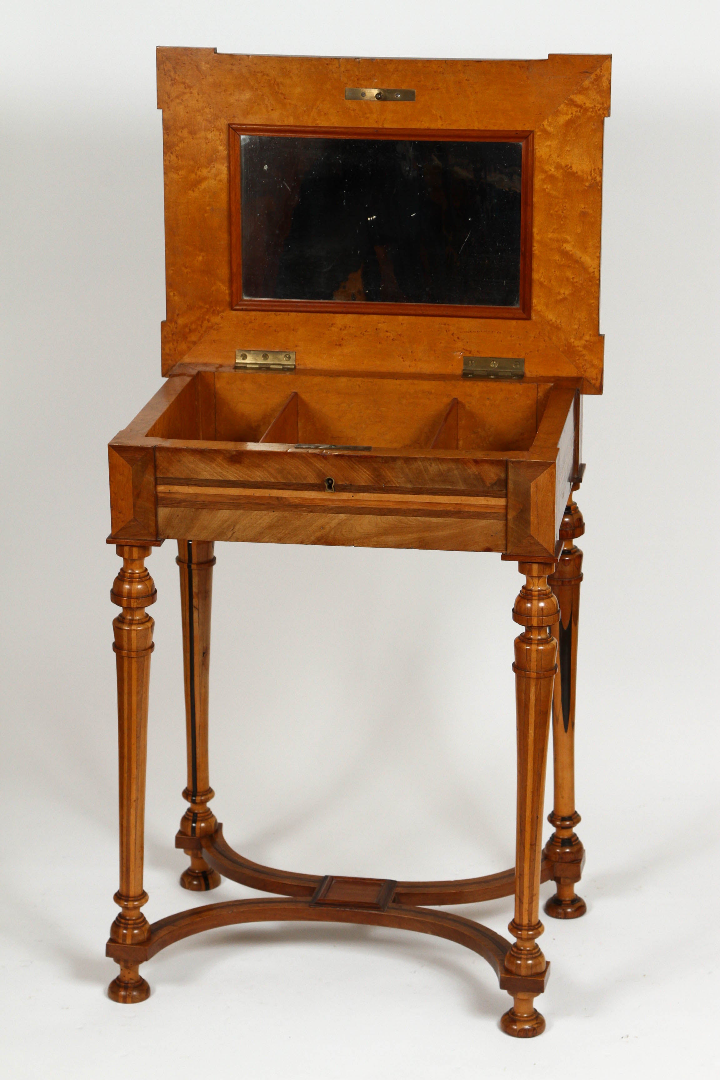 Vintage walnut inlay side table or vanity. Top flips up to reveal a mirror and storage.