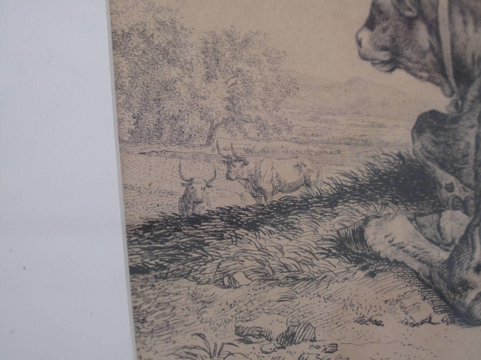 19th Century European Pen and Ink, Cow Reclining Beneath a Tree In Excellent Condition In Brooklyn, NY