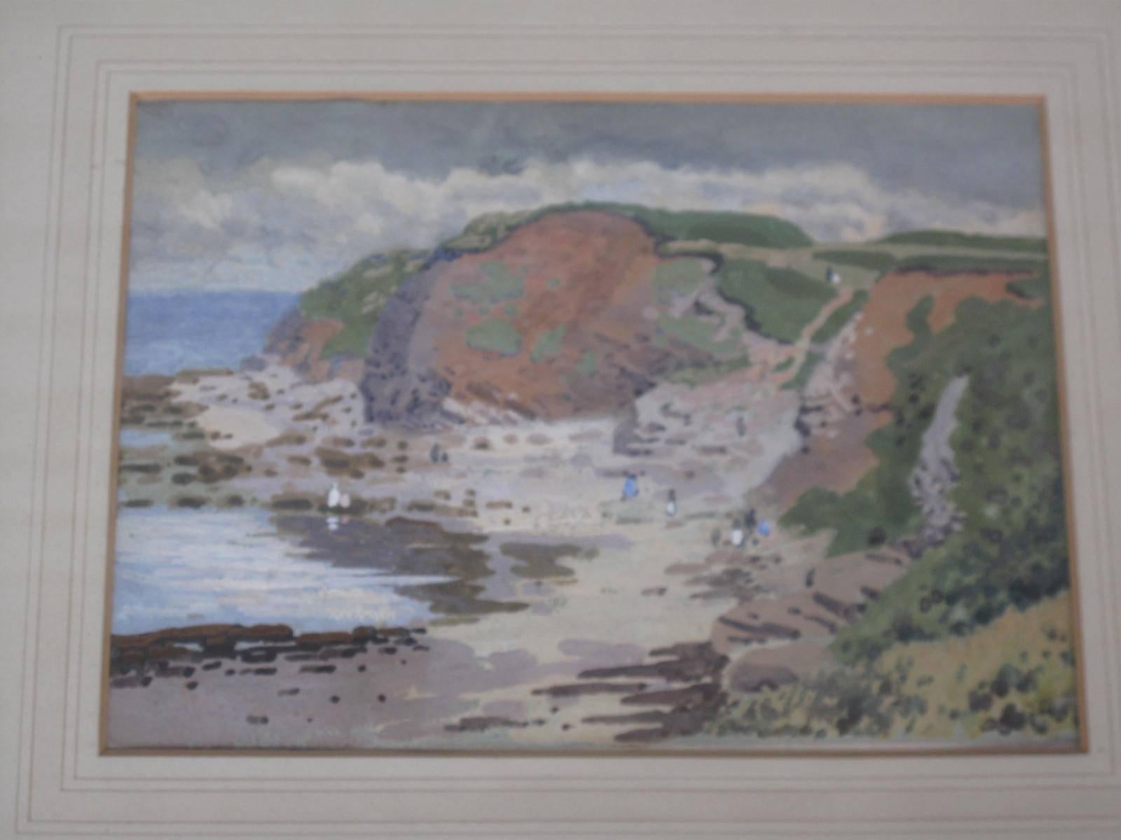 Impressionist coastal scene signed in red ink and attributed to British artist, James Hargreaves Morton. Dated 1899. Gouache on paper.
 
