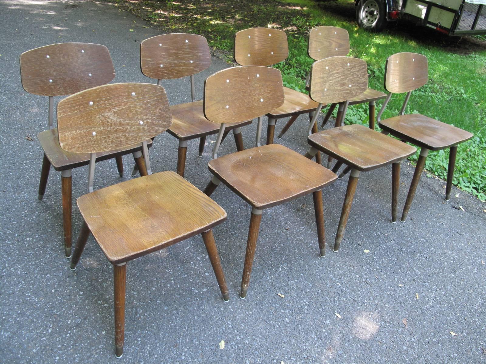 Set of seven Mid-Century Modern chairs, designed by French-American Industrial designer Raymond Loewy in the 1950s. Original Hill-Rom label from Batesville, Indiana along with the US patent number.