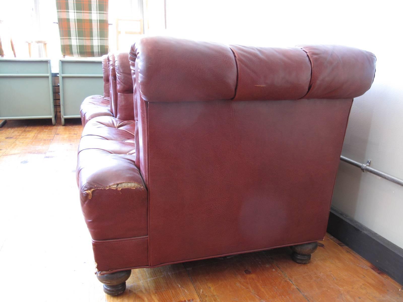 Matched Pair of Oxblood Chesterfield Club Chairs In Fair Condition In Brooklyn, NY