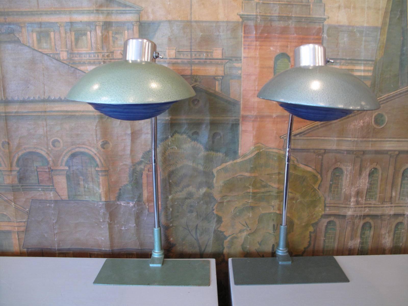 Pair of Industrial table lamps with original blue diffusers by French designer Louis Ferdinand Solere. Available as a pair.