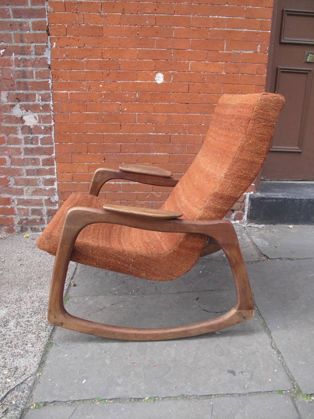 Mid-Century Modern Teak Rocker with Tweed Upholstery In Fair Condition In Brooklyn, NY