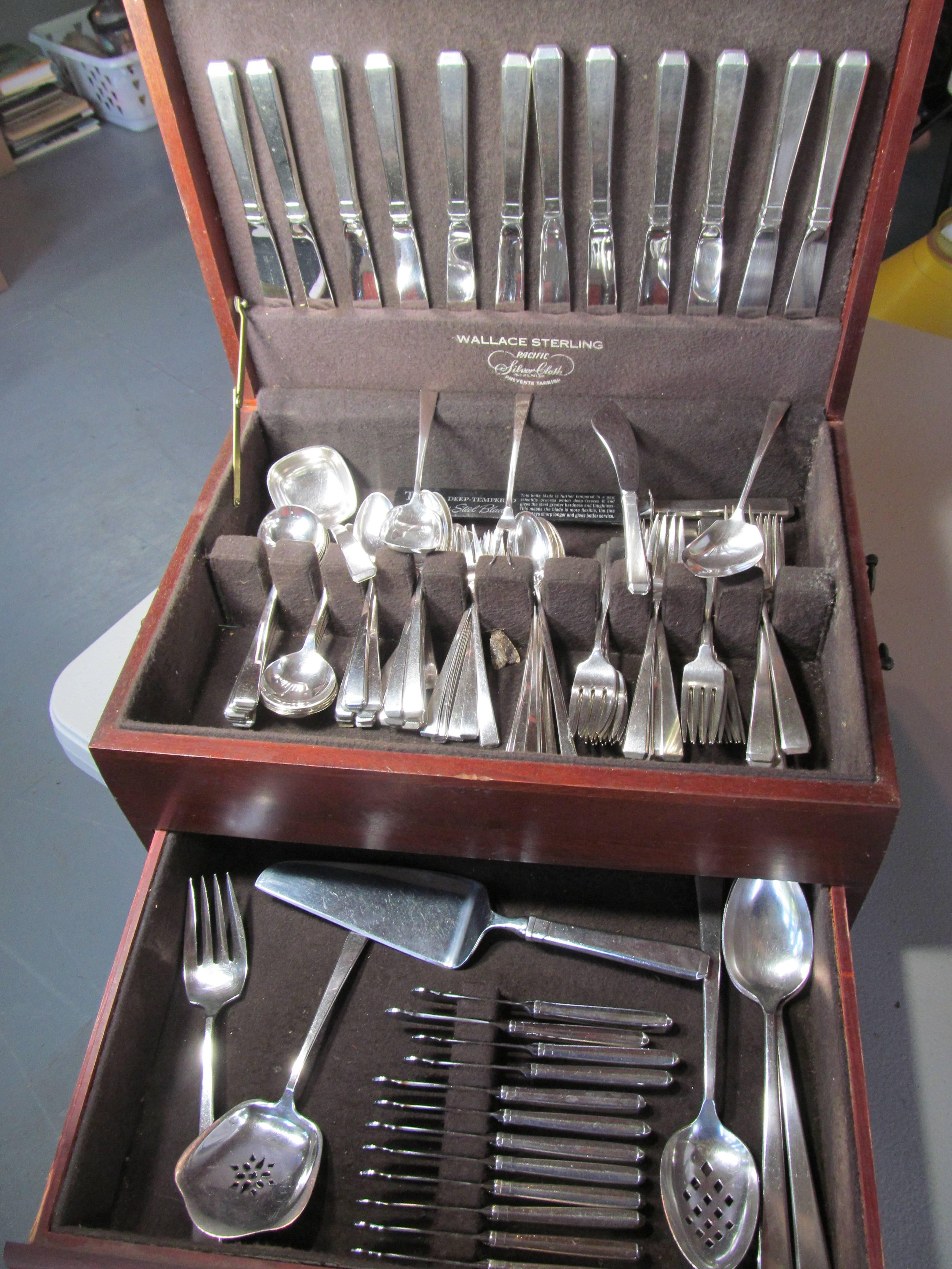 Marked sterling silver flatware service for 12 by Towle. A total of 116 pieces plus six cut crystal salt finger bowls (not shown). These have only been hand polished and show minimal wear overall.

Set includes the following:
12 soup spoons.
24