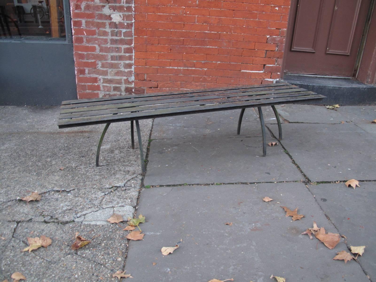 American Industrial Iron Slat Bench For Sale