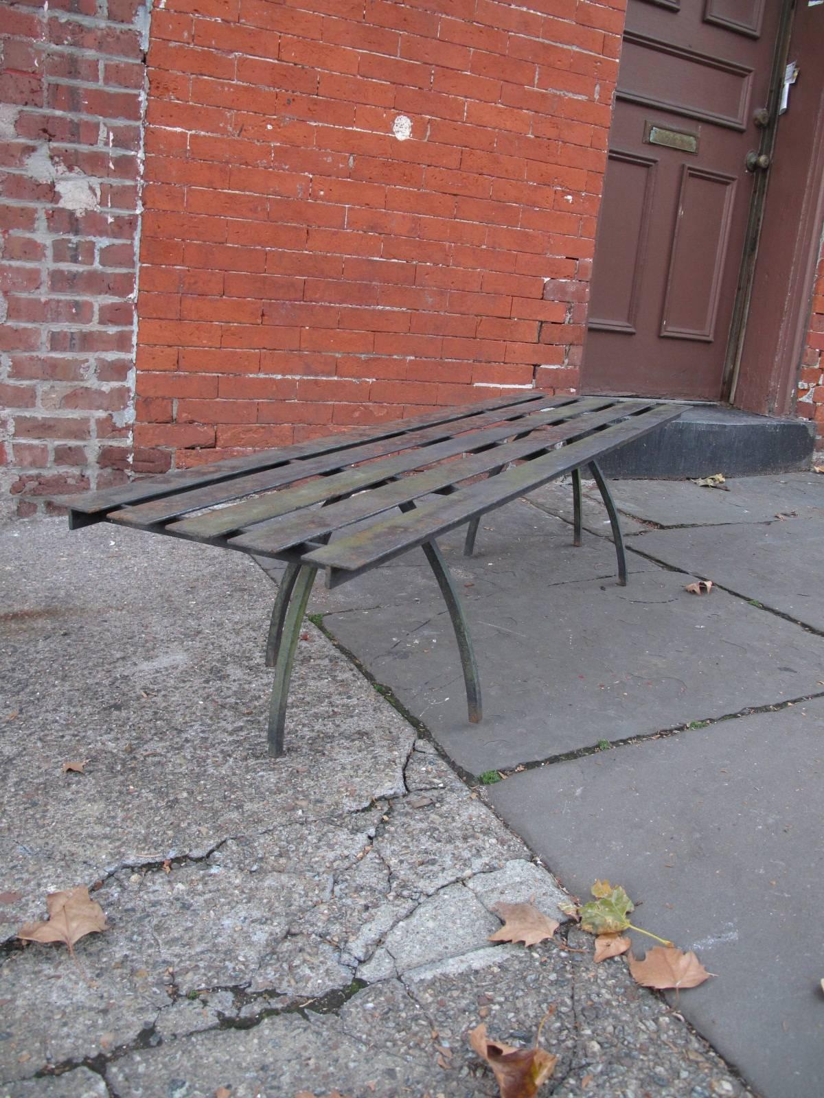 Mid-20th Century Industrial Iron Slat Bench For Sale
