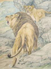 20th Century Lion and Cub Painting Signed Reinhardt