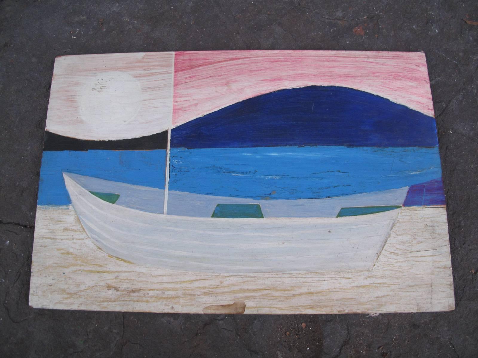 Unsigned painting depicting a boat by the shore. From the estate and studio of American painter Robert Blanchard.