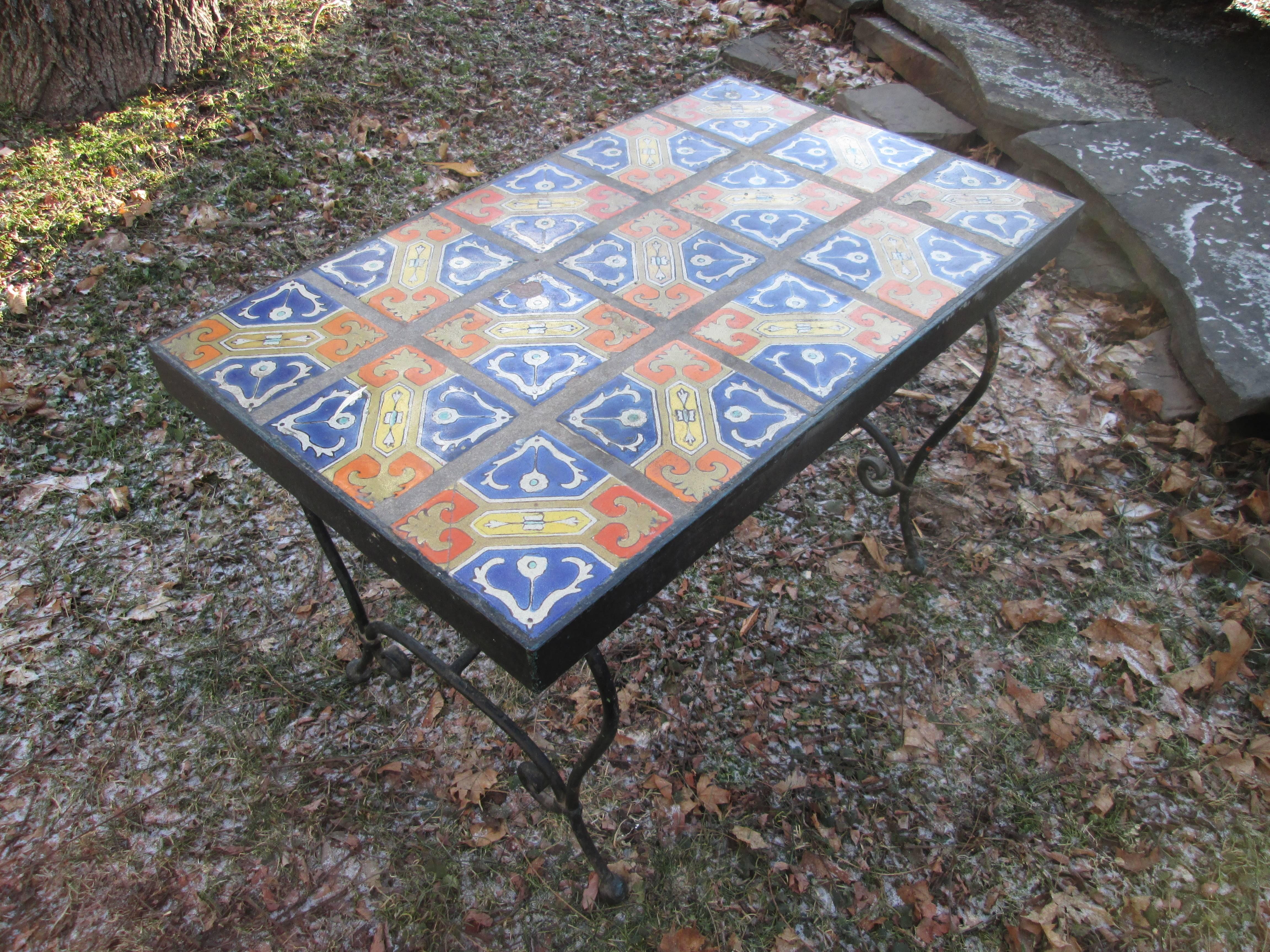 Handpainted ceramic tiles inset in cast iron base.  Extremely heavy. 