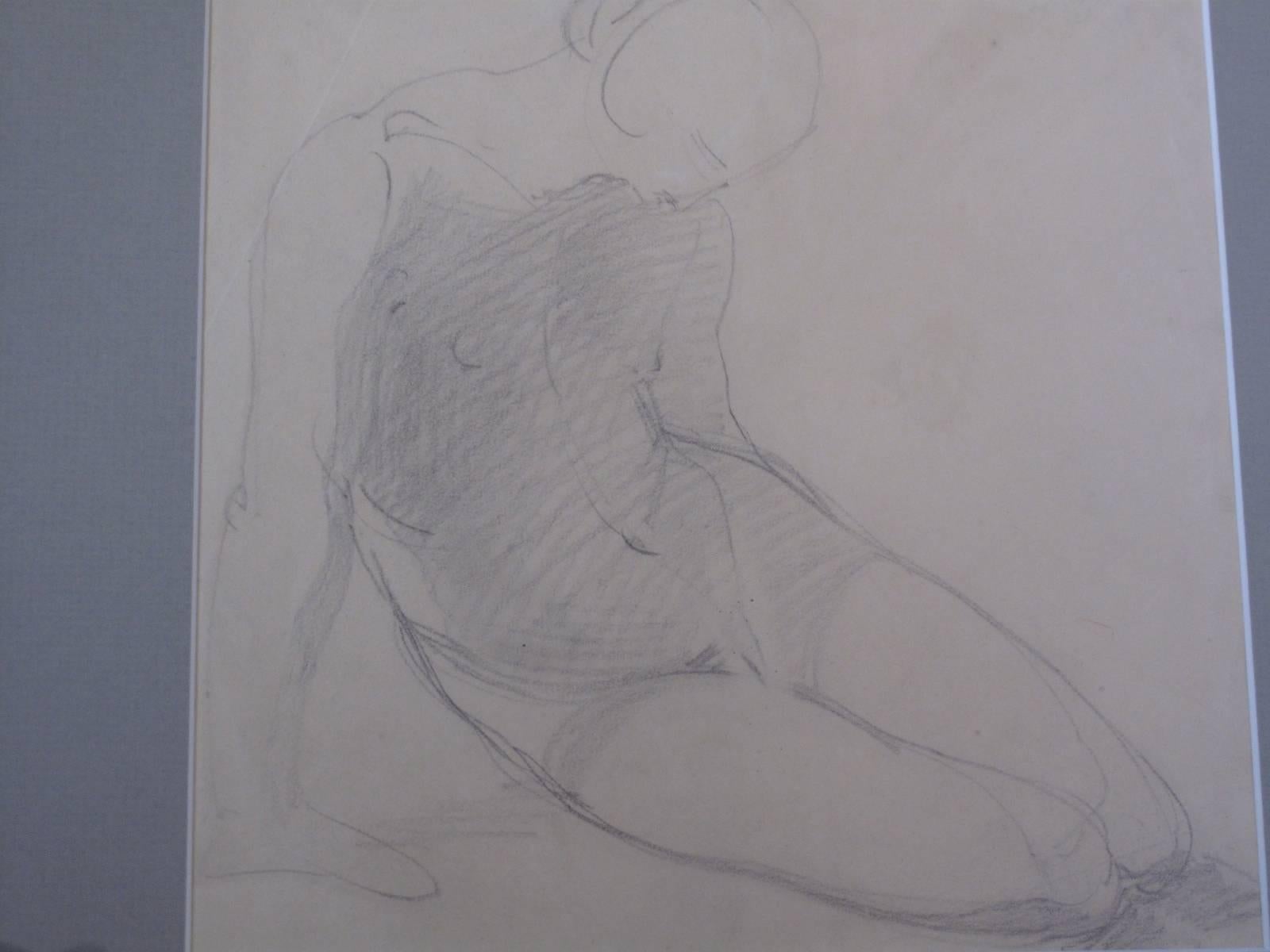 20th Century Seated Nude Pencil Sketch