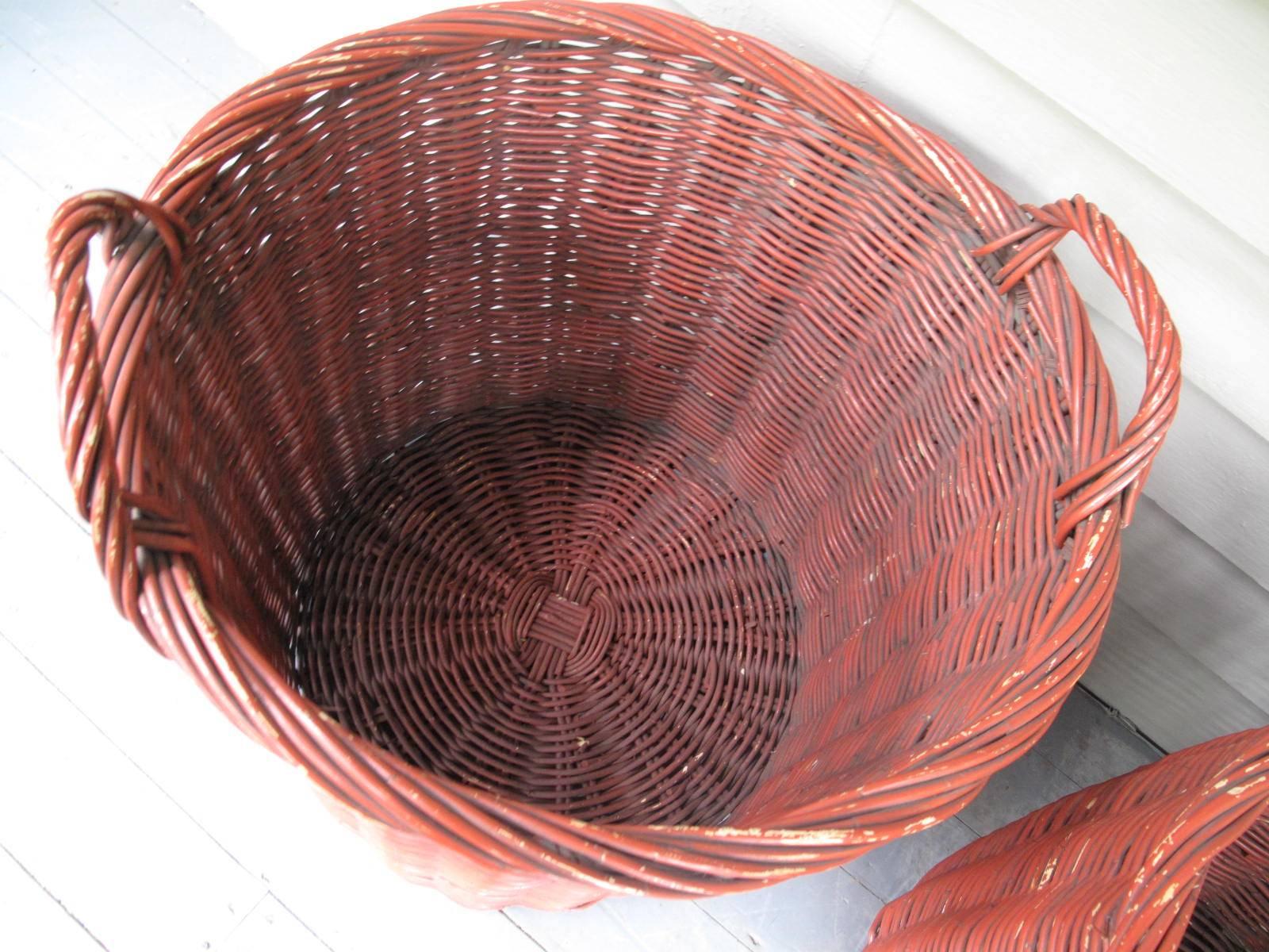 Pair of Large Woven Baskets in Red Paint 1