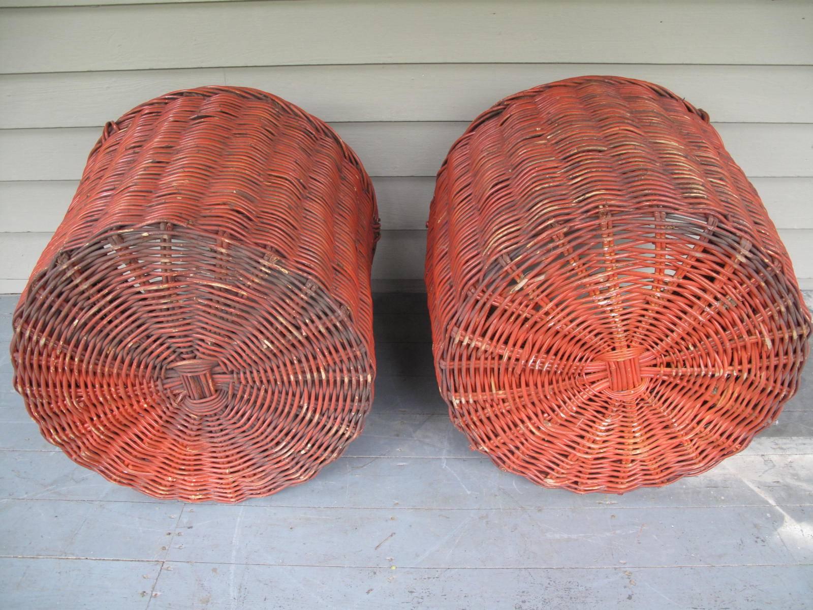 Pair of Large Woven Baskets in Red Paint 3