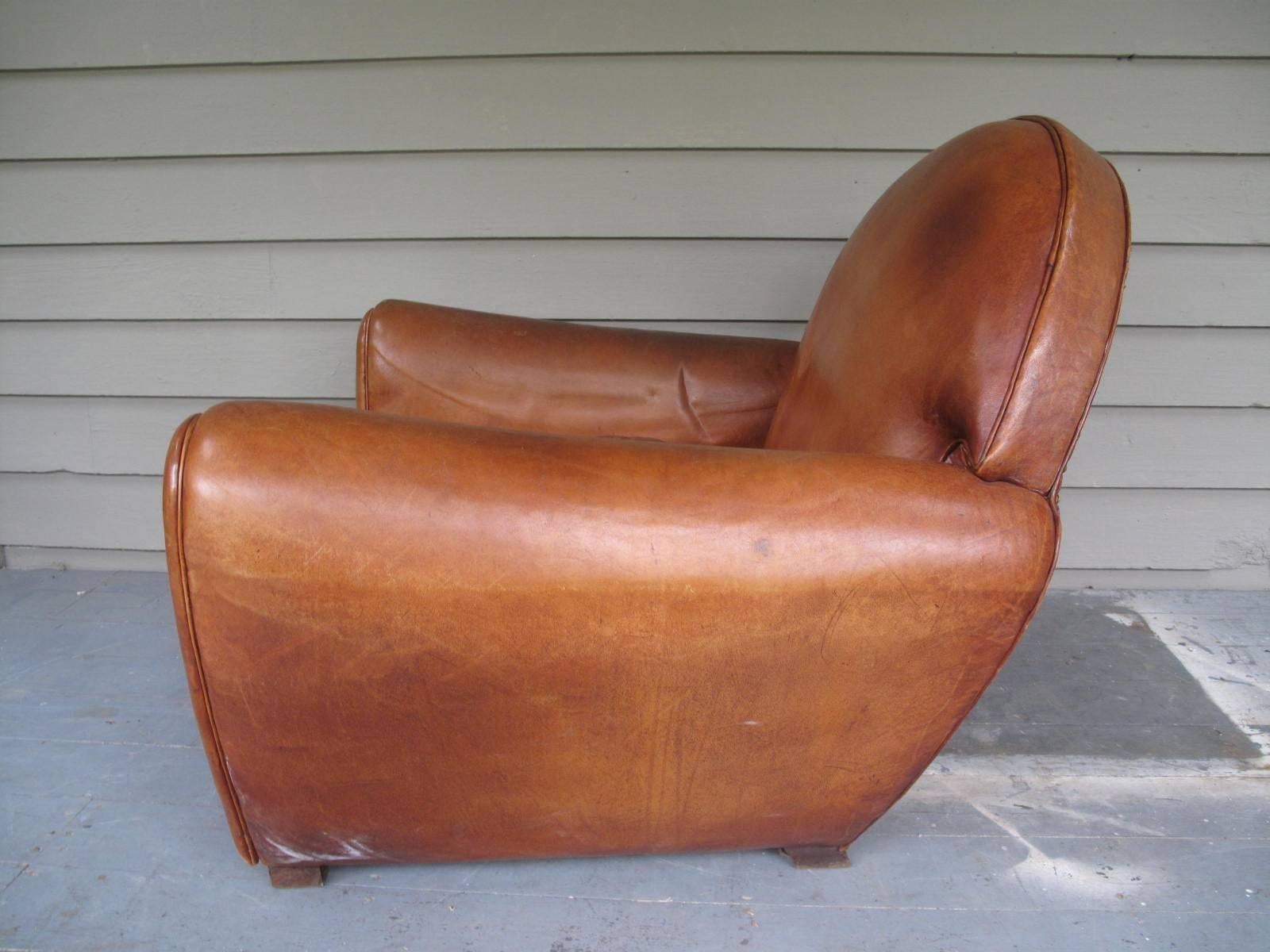 Monumental Art Deco Leather Club Chair In Fair Condition In Brooklyn, NY