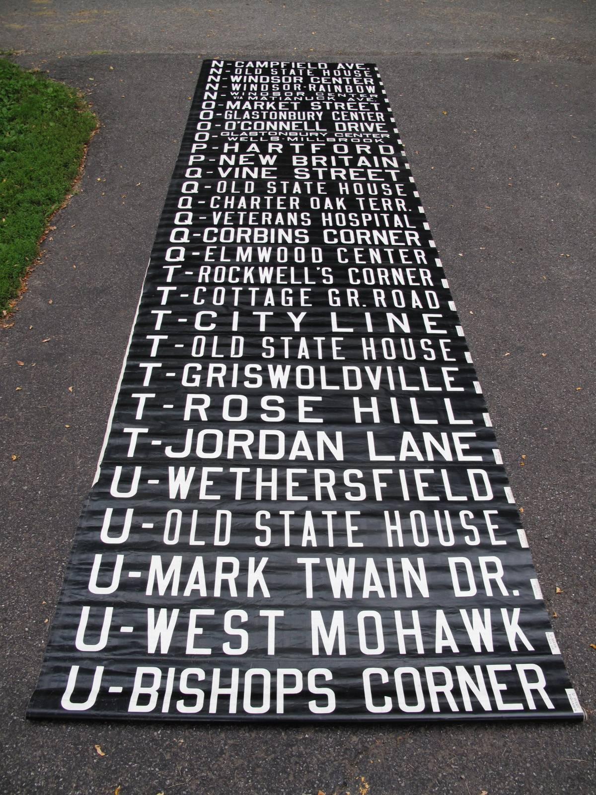 Printed on lightweight waxed material in bold graphic font. All destinations in Connecticut. Total number of feet available is over 65 feet sold by the running foot. Only one roll shown in detail.