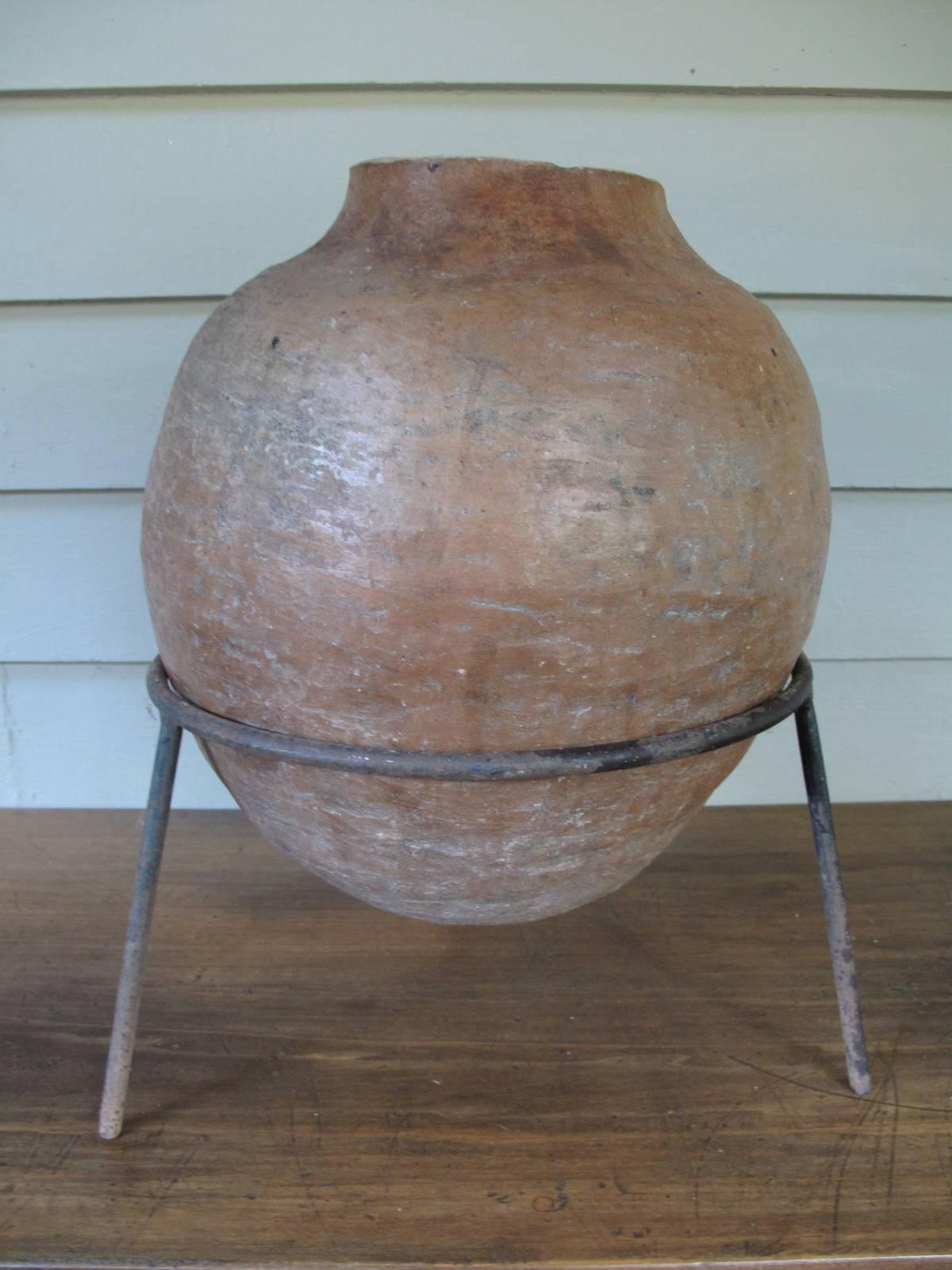 Terra Cotta Vessel in Tripod Iron Stand In Good Condition In Brooklyn, NY