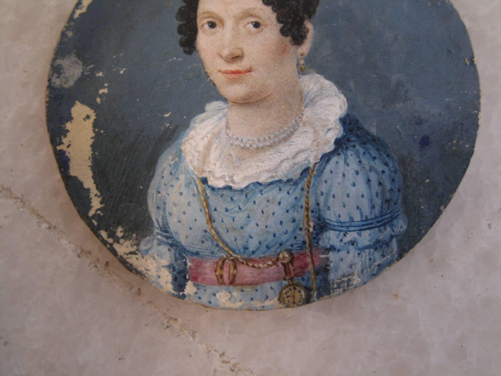 Highly detailed painting in miniature on hand cut piece of parchment. Unknown female subject. Early to mid-19th century.