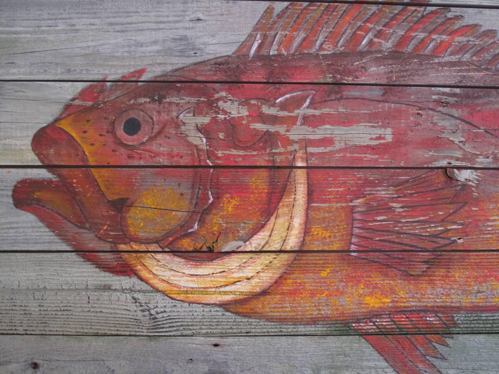 Primitive weathered wood planks with massive painting of a fish. Unsigned.