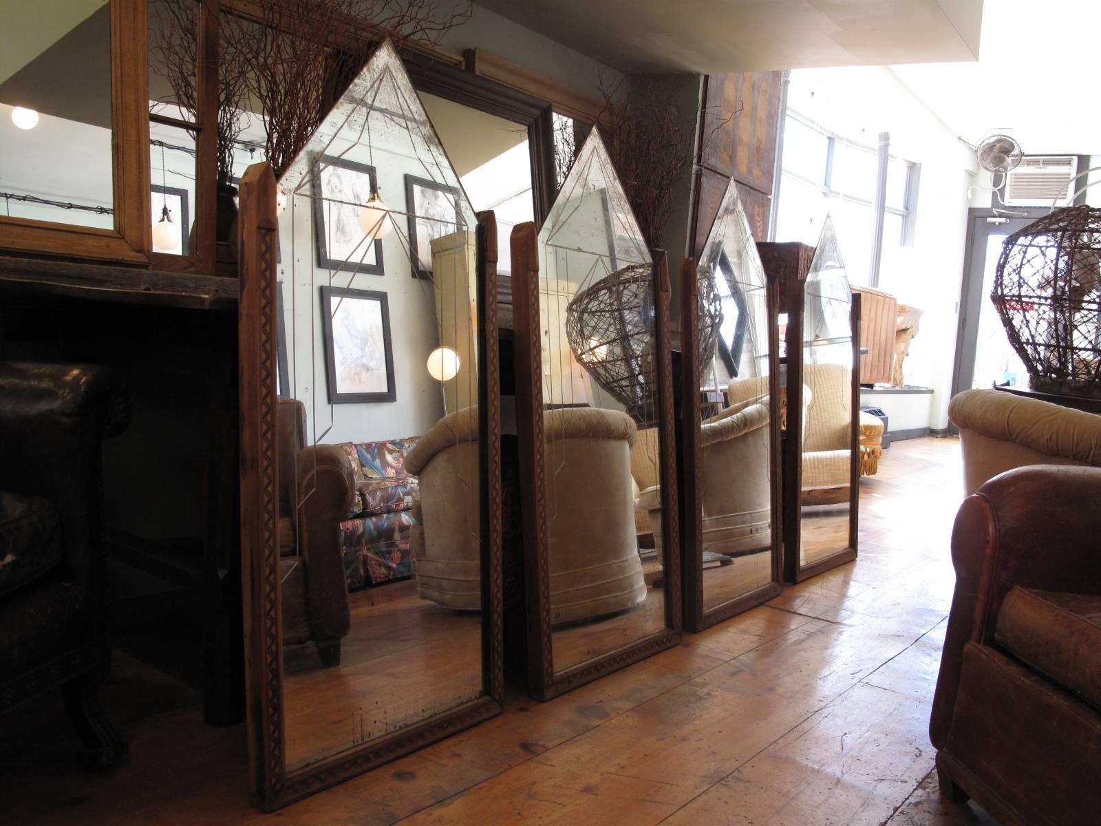 Art Deco etched glass mirrors. Original foxed glass. Marquetry frames. Sold individually. Only two remain of the original four pictured.