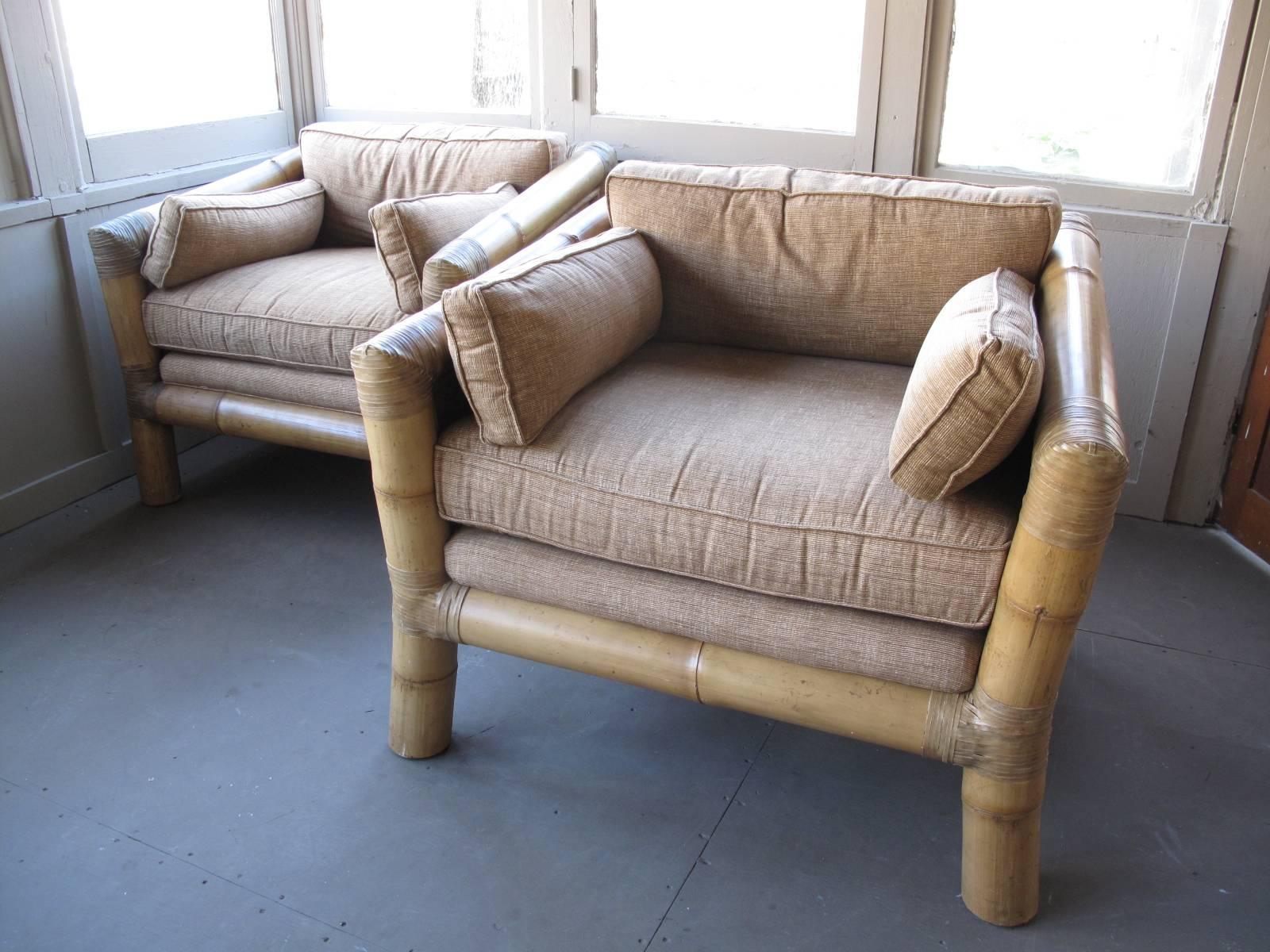 Monumental in scale and proportion. Bamboo frame with cotton blend upholstery.
