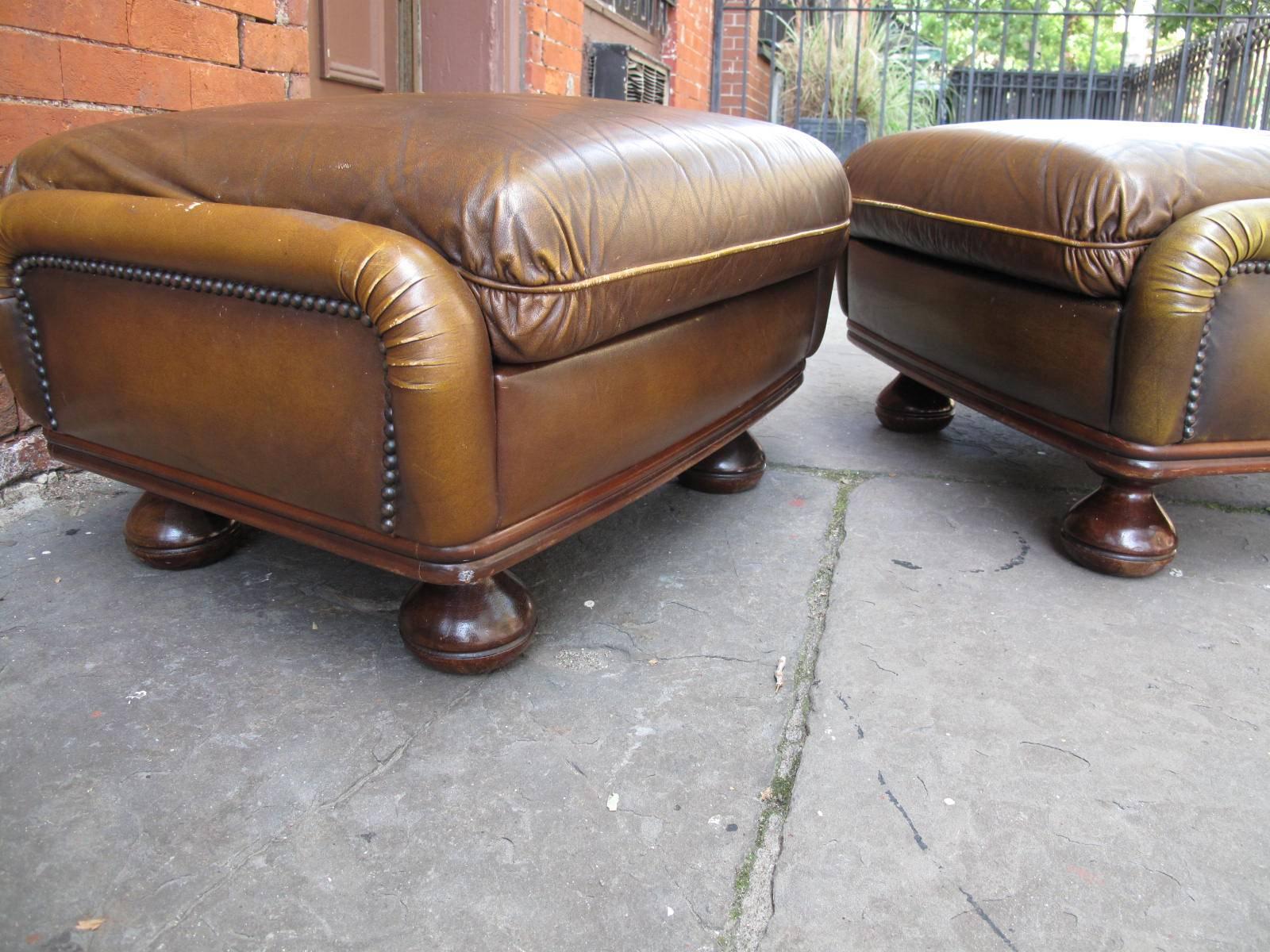 American Two Bulbous Leather Ottomans