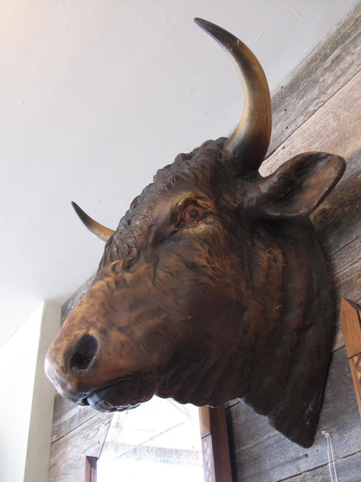 20th century fiberglass wall-mounted steer head. Hand-painted.