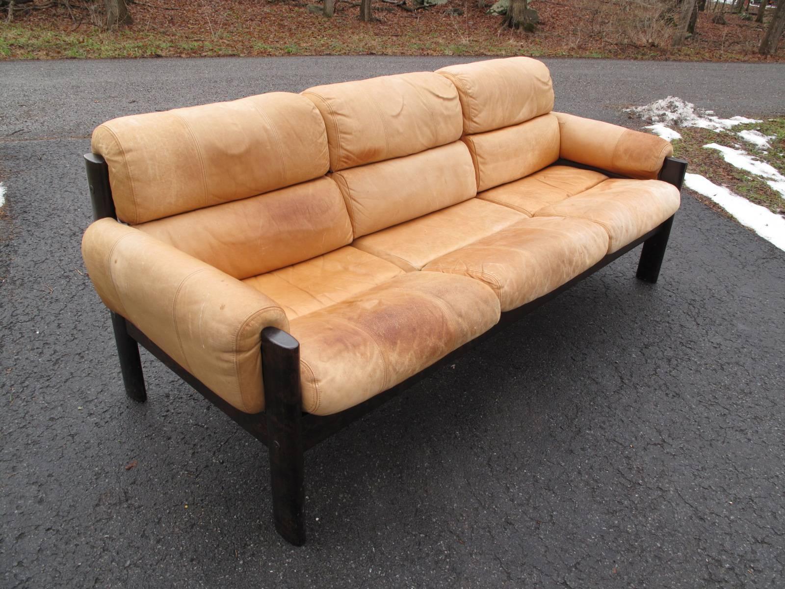 Danish Rosewood Sofa with Leather Cushions In Fair Condition In Brooklyn, NY