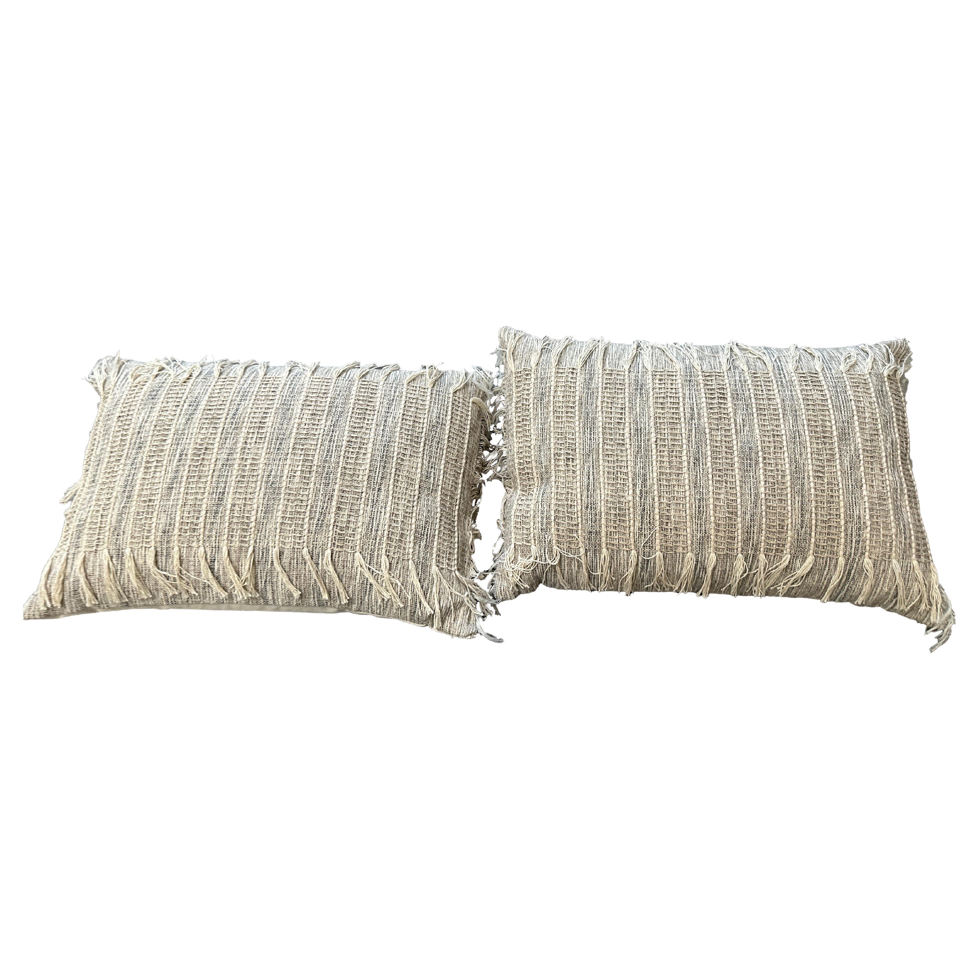 Pair of Cream and Gray Fringe Throw Pillows