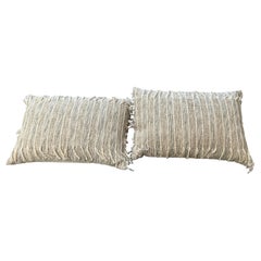 Pair of Cream and Gray Fringe Throw Pillows