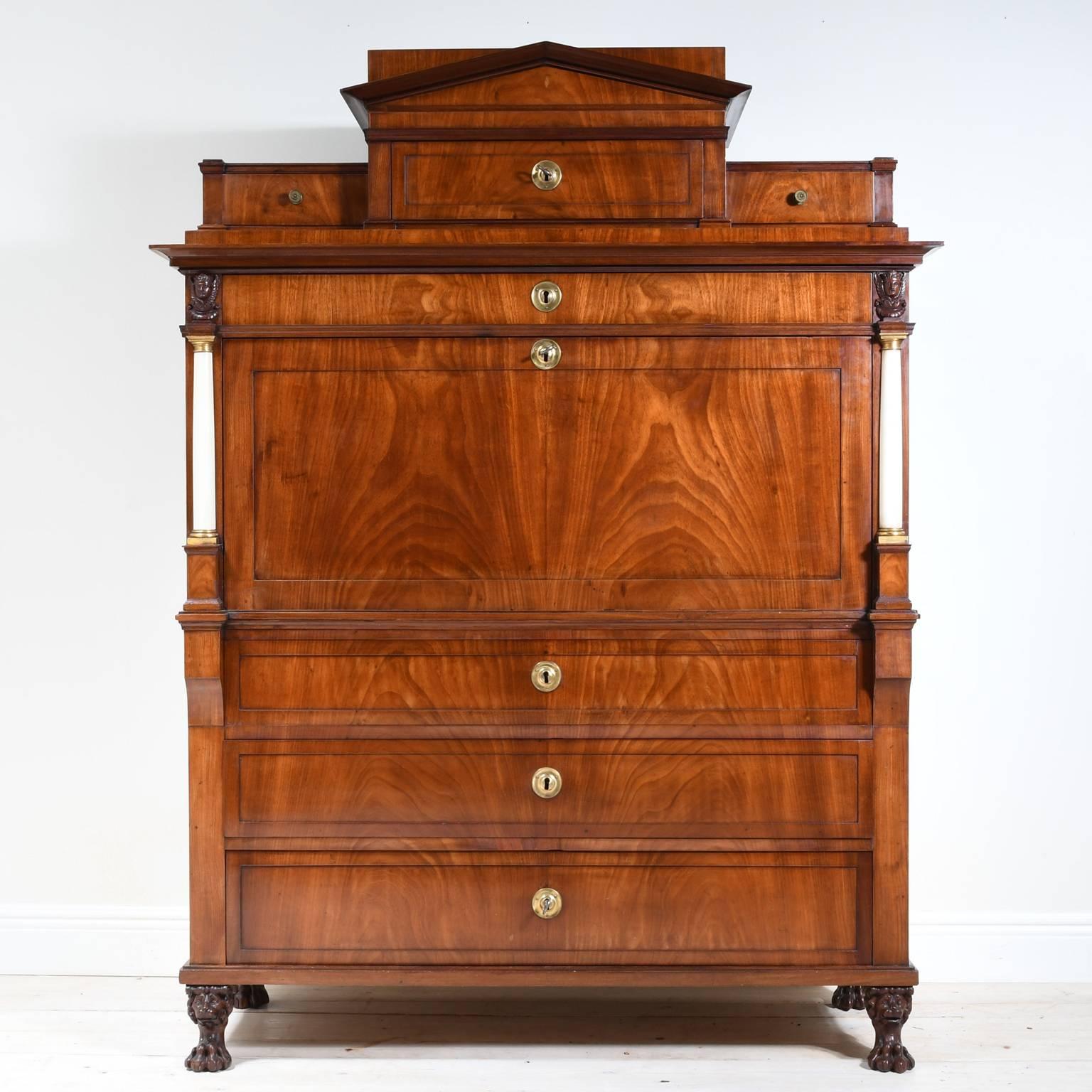 From the estate of Swedish Architect Alfred Grenander, from Villa Tångvallen, in Falsterbo Sweden. This extraordinary Neoclassical Secretary in West Indies mahogany is a masterwork by the Stockholm master cabinet maker Johan Högman. The Secretary