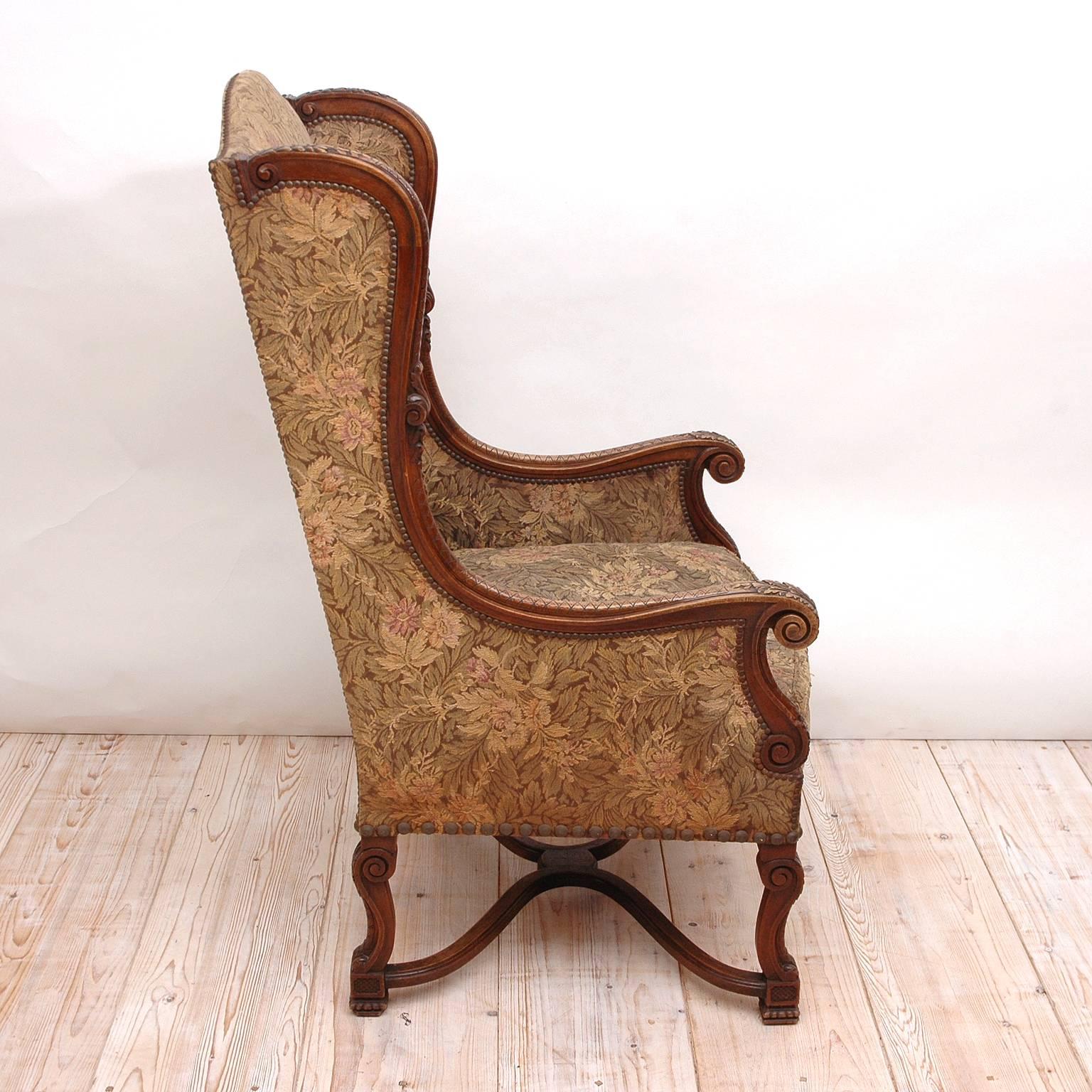 Walnut 19th Century Neo-Renaissance Style Carved Wingback Chair with Upholstery For Sale