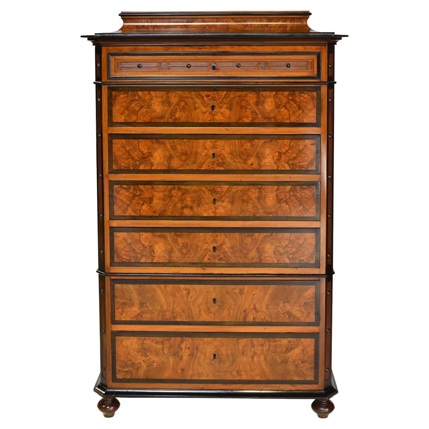 Antique Tall Chest of Drawers in Burled Walnut w Ebonized Accents & Pedestal Top