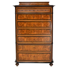 Used Tall Chest of Drawers in Burled Walnut w Ebonized Accents & Pedestal Top