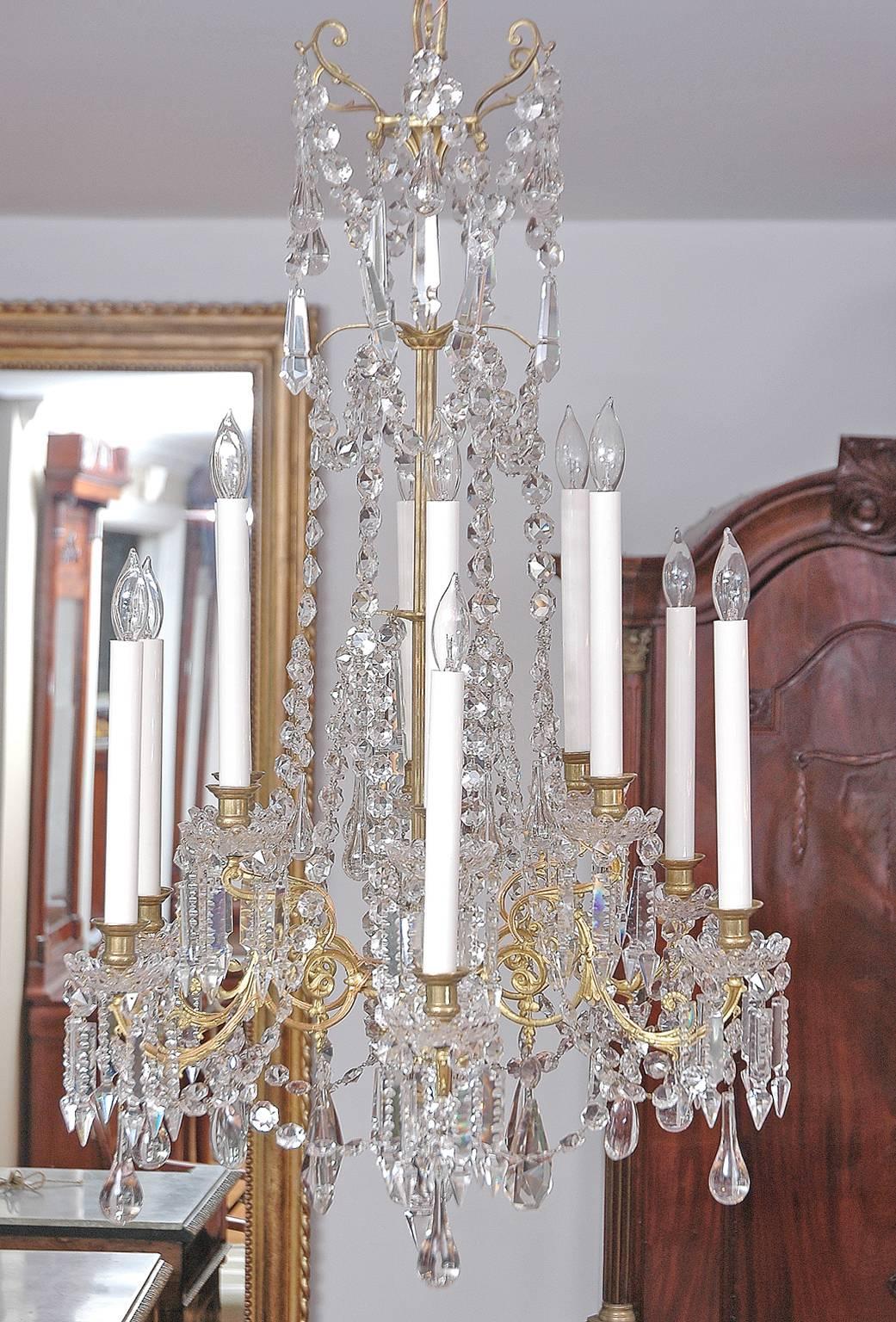 Exceptional Swedish cut-glass and crystal chandelier fabricated during the reign of King Oskar II of Sweden and Norway. (21 January 1829 – 8 December 1907).
This chandelier features twelve lights electrified to US standers. It can be illuminated