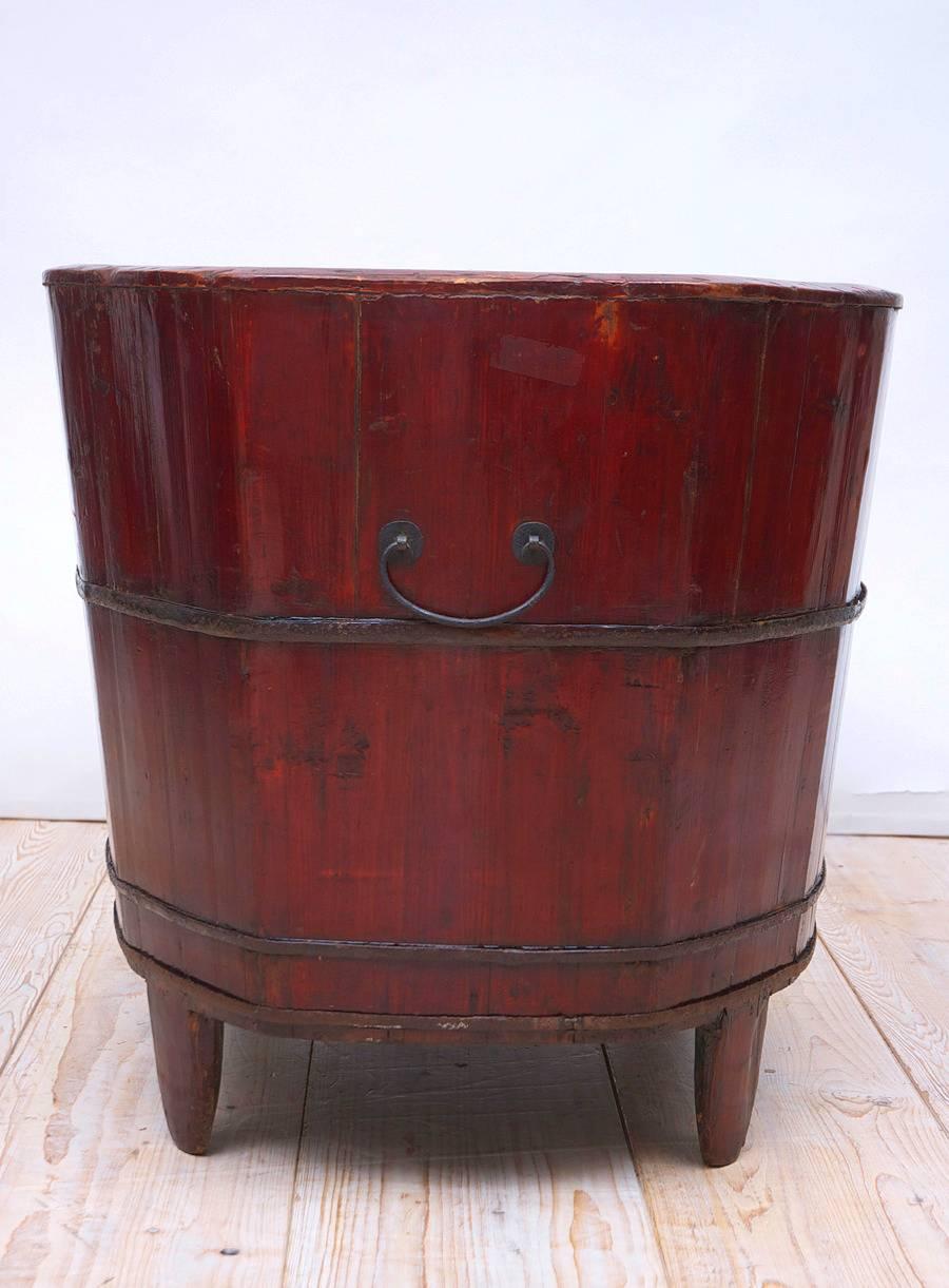 Elm Antique 19th Century Chinese Grain Bin with Lacquered Cinnabar-Colored Paint